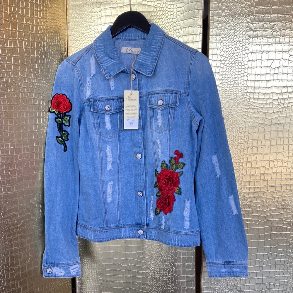 Chic Elan Denim Jacket with Red Rose Embroidery new with tags